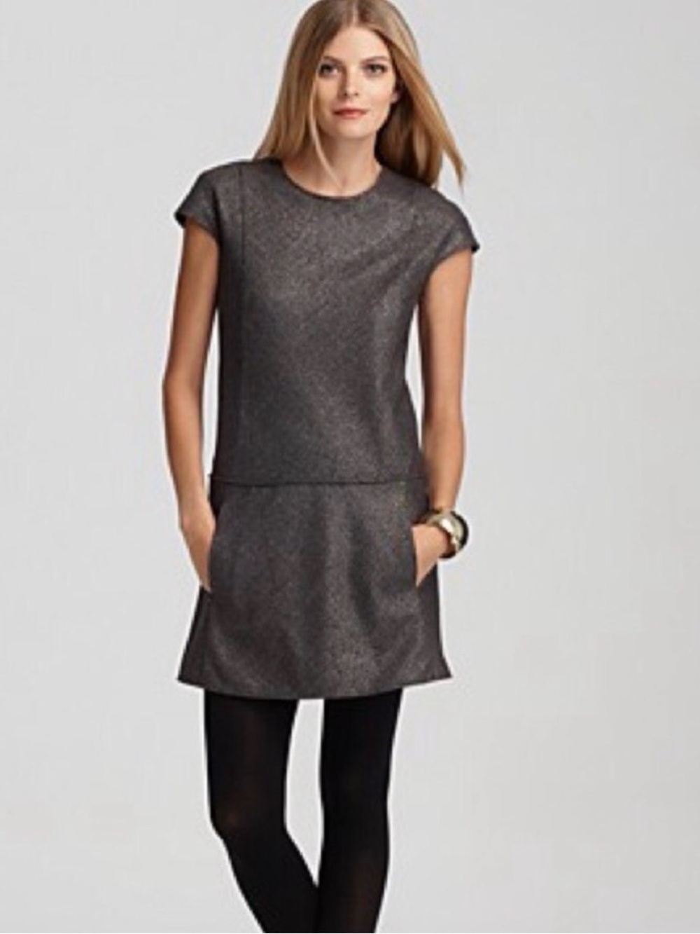 Theory Olpia Harlequin Metallic Tweed Drop Waist Wool Blend Shift Dress Size 12